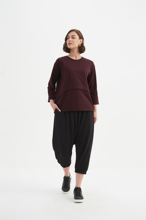 Women's 3/4 Sleeve Cotton T-Shirt, Curved Seam Top deep aubergine 3