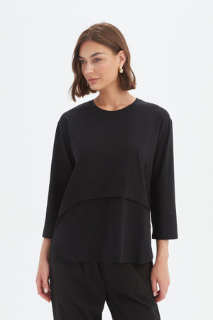 Women's 3/4 Sleeve Cotton T-Shirt, Curved Seam Top black 1