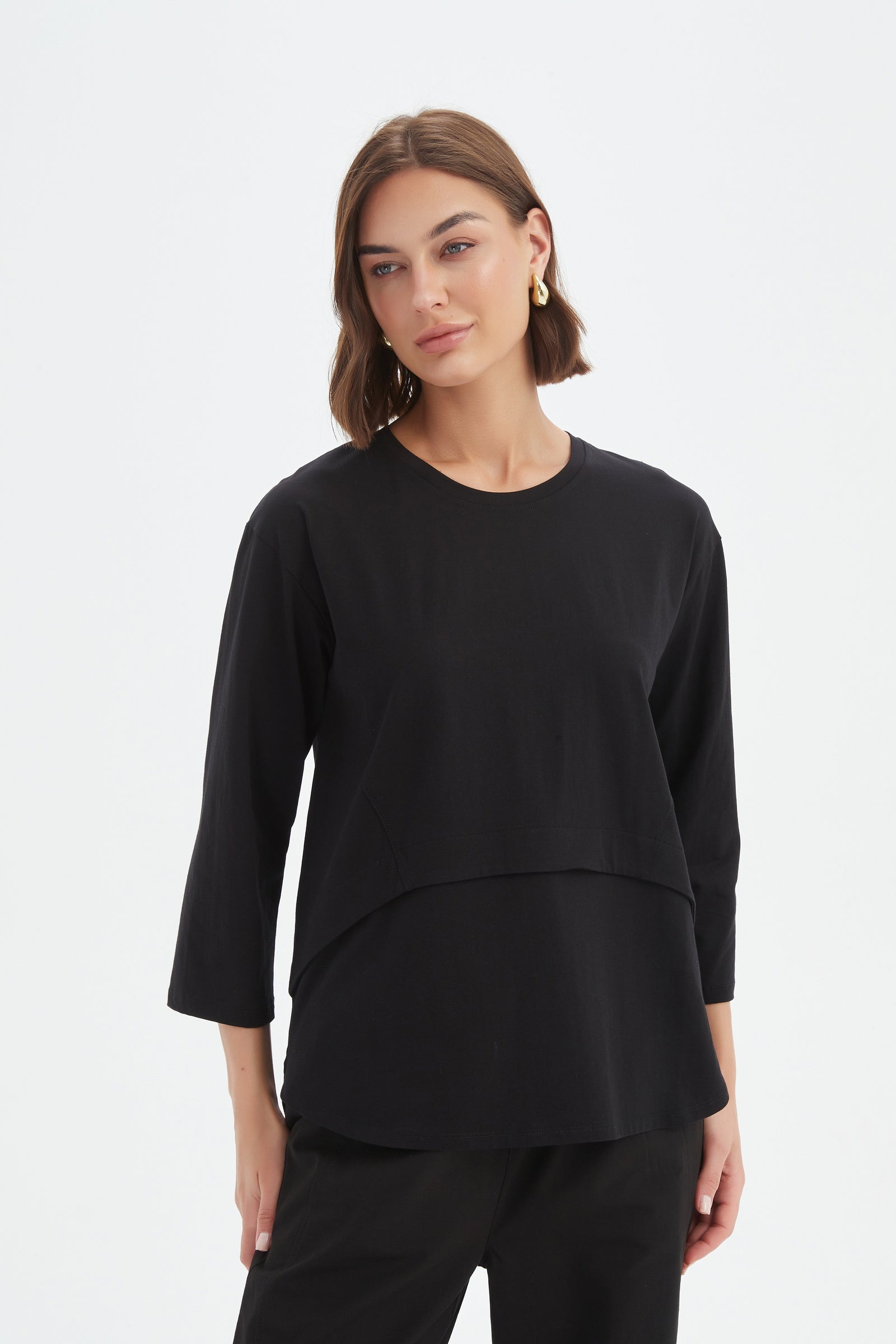 Women's 3/4 Sleeve Cotton T-Shirt, Curved Seam Top black