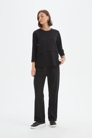 Women's 3/4 Sleeve Cotton T-Shirt, Curved Seam Top black 3