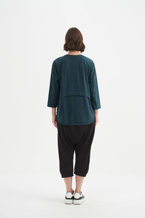 Women's 3/4 Sleeve Cotton T-Shirt, Curved Seam Top deep ocean blue back