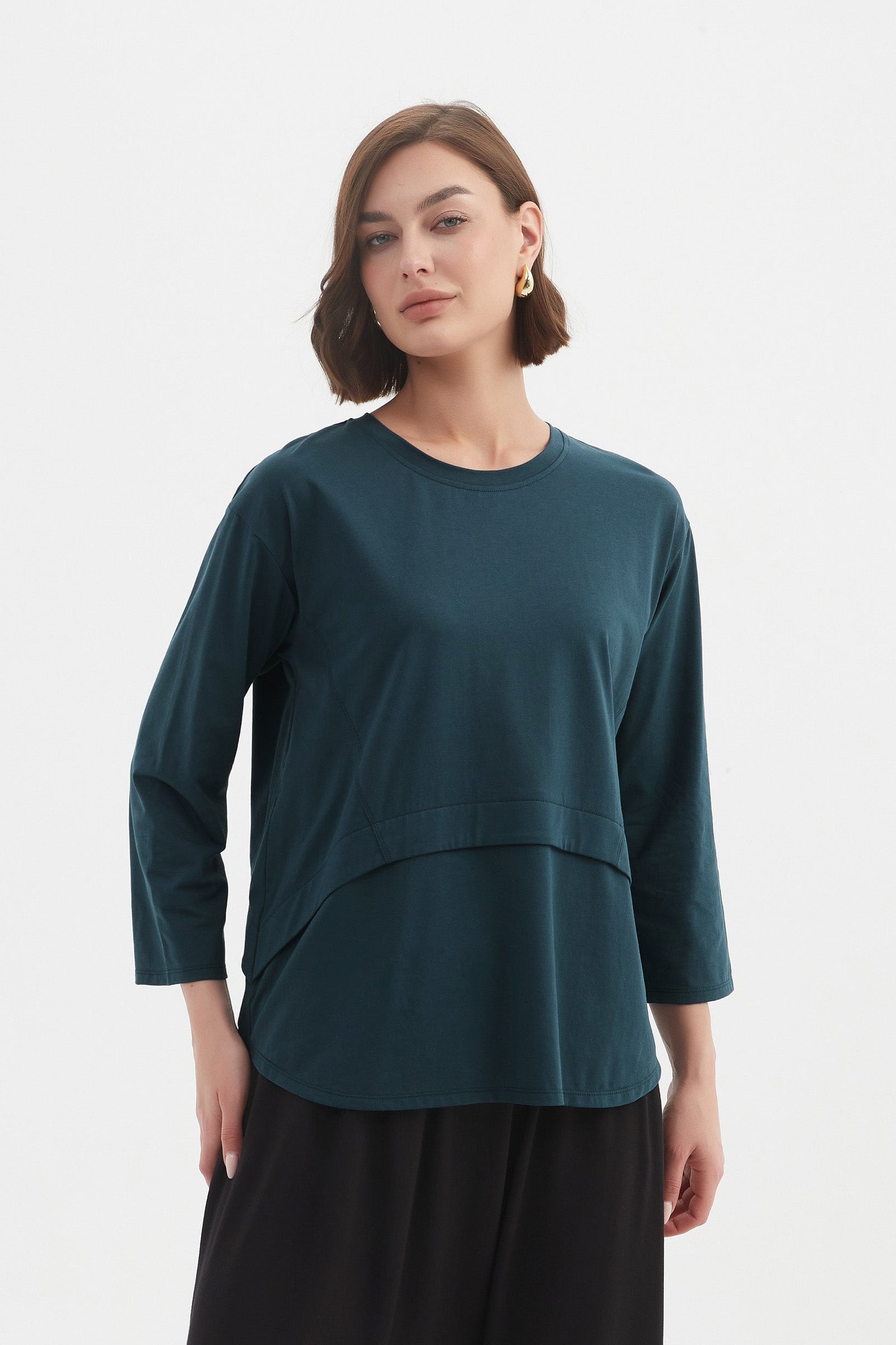 Women's 3/4 Sleeve Cotton T-Shirt, Curved Seam Top deep ocean blue