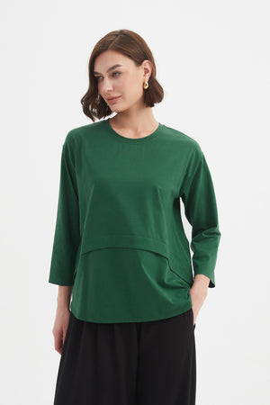 Women's 3/4 Sleeve Cotton T-Shirt, Curved Seam Top hunter green 2