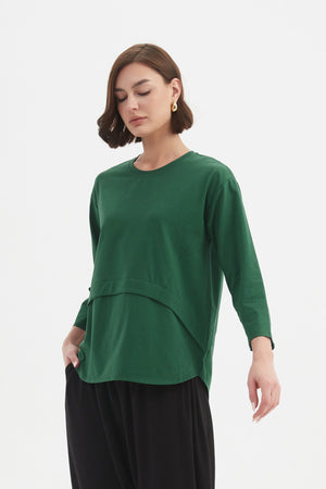 Women's 3/4 Sleeve Cotton T-Shirt, Curved Seam Top hunter green