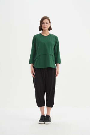 Women's 3/4 Sleeve Cotton T-Shirt, Curved Seam Top hunter green 3