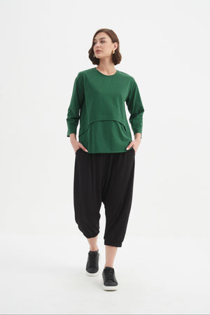 Women's 3/4 Sleeve Cotton T-Shirt, Curved Seam Top hunter green 3