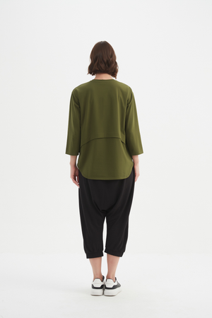 Women's 3/4 Sleeve Cotton T-Shirt, Curved Seam Top khaki back