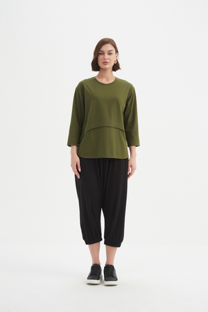 Women's 3/4 Sleeve Cotton T-Shirt, Curved Seam Top khaki 3