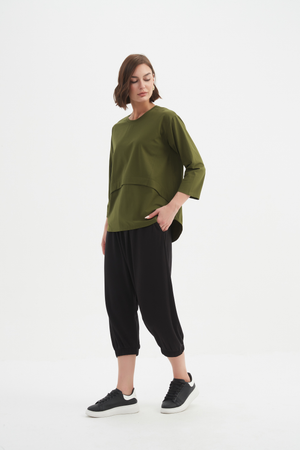 Women's 3/4 Sleeve Cotton T-Shirt, Curved Seam Top khaki 2