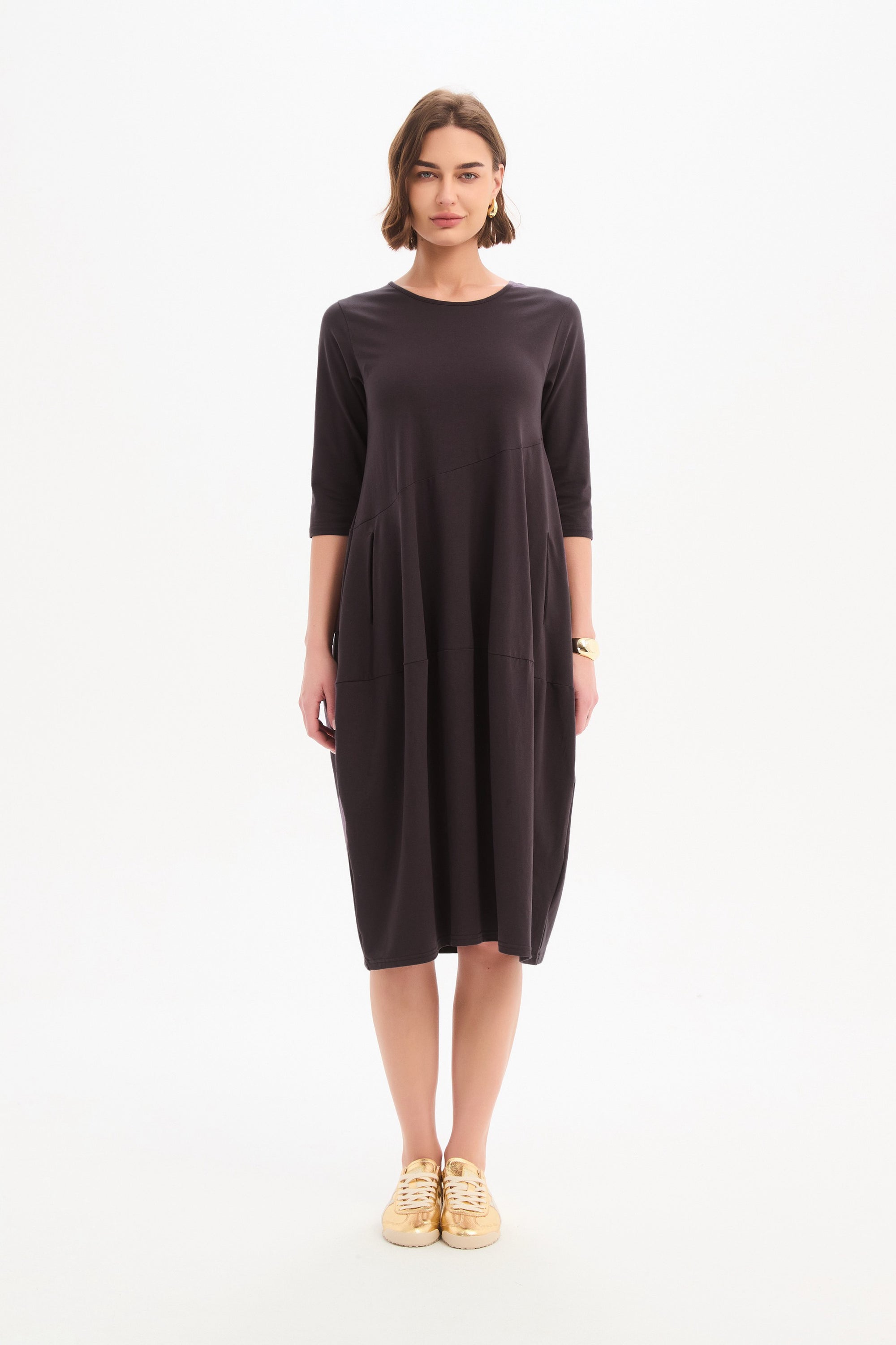 Diagonal Seam Winter Dress | Women's Cotton Midi Dresses with Pockets - TIRELLI Diagonal Seam Winter Dress | Women's Cotton Midi Dresses with Pockets - TIRELLI