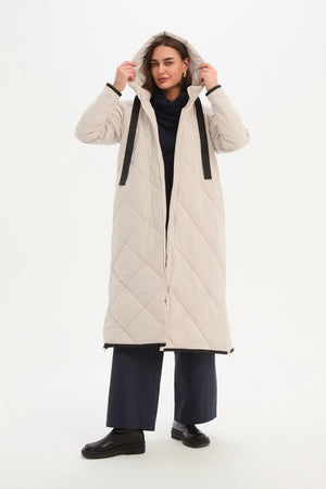 LONGLINE ZIP HEM WINTER COAT cream hood up