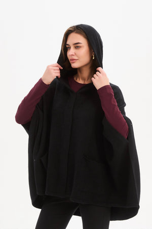 Women's Hooded Knit Cardigan with Pockets & Magnetic Closure Black Hood