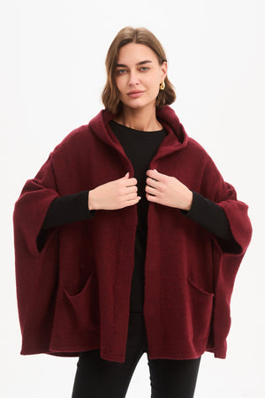 Women's Hooded Knit Cardigan with Pockets & Magnetic Closure Wine Open