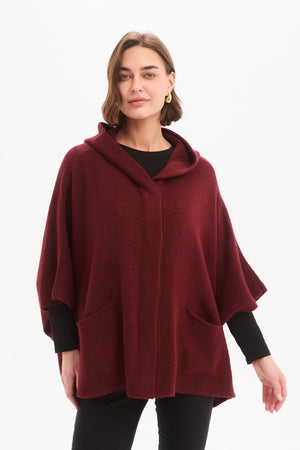 Women's Hooded Knit Cardigan with Pockets & Magnetic Closure Wine