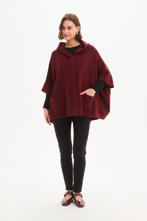 Women's Hooded Knit Cardigan with Pockets & Magnetic Closure Wine Front