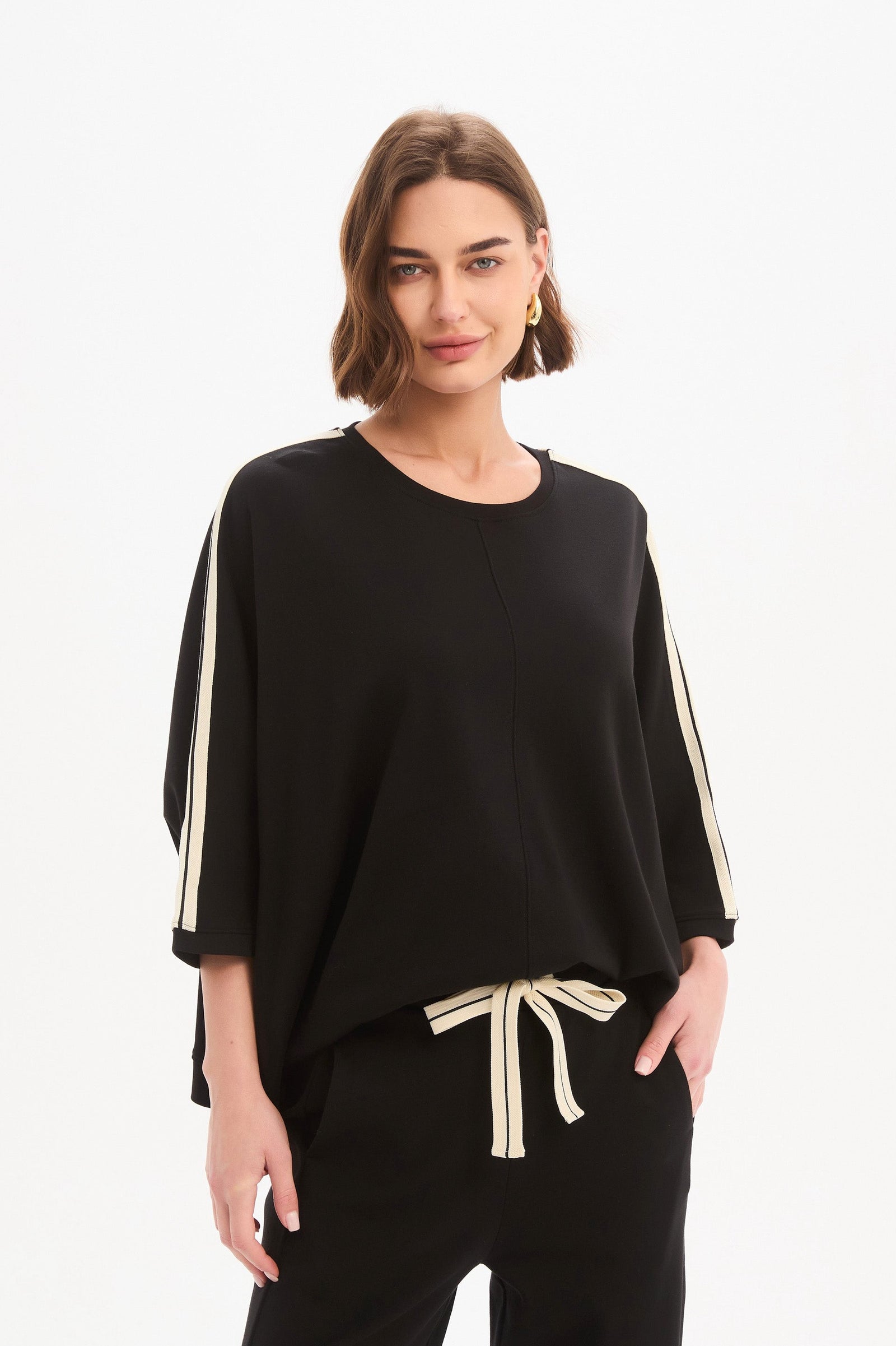 Oversized 3/4 Stripe Sleeve Tee Shirt | Women's Loungewear Top Black Front