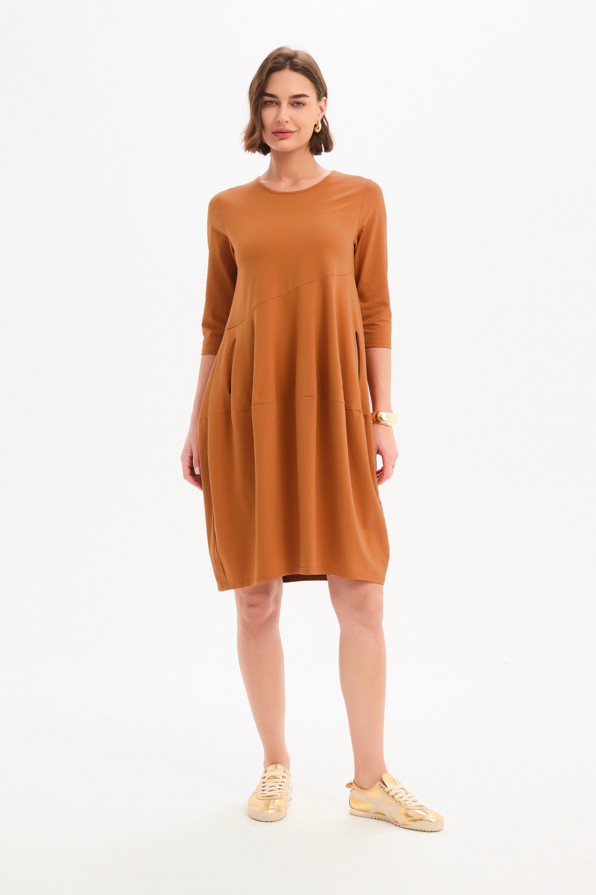 Women's Petite Diagonal Seam Cotton Winter Dress with Pockets - TIRELLI