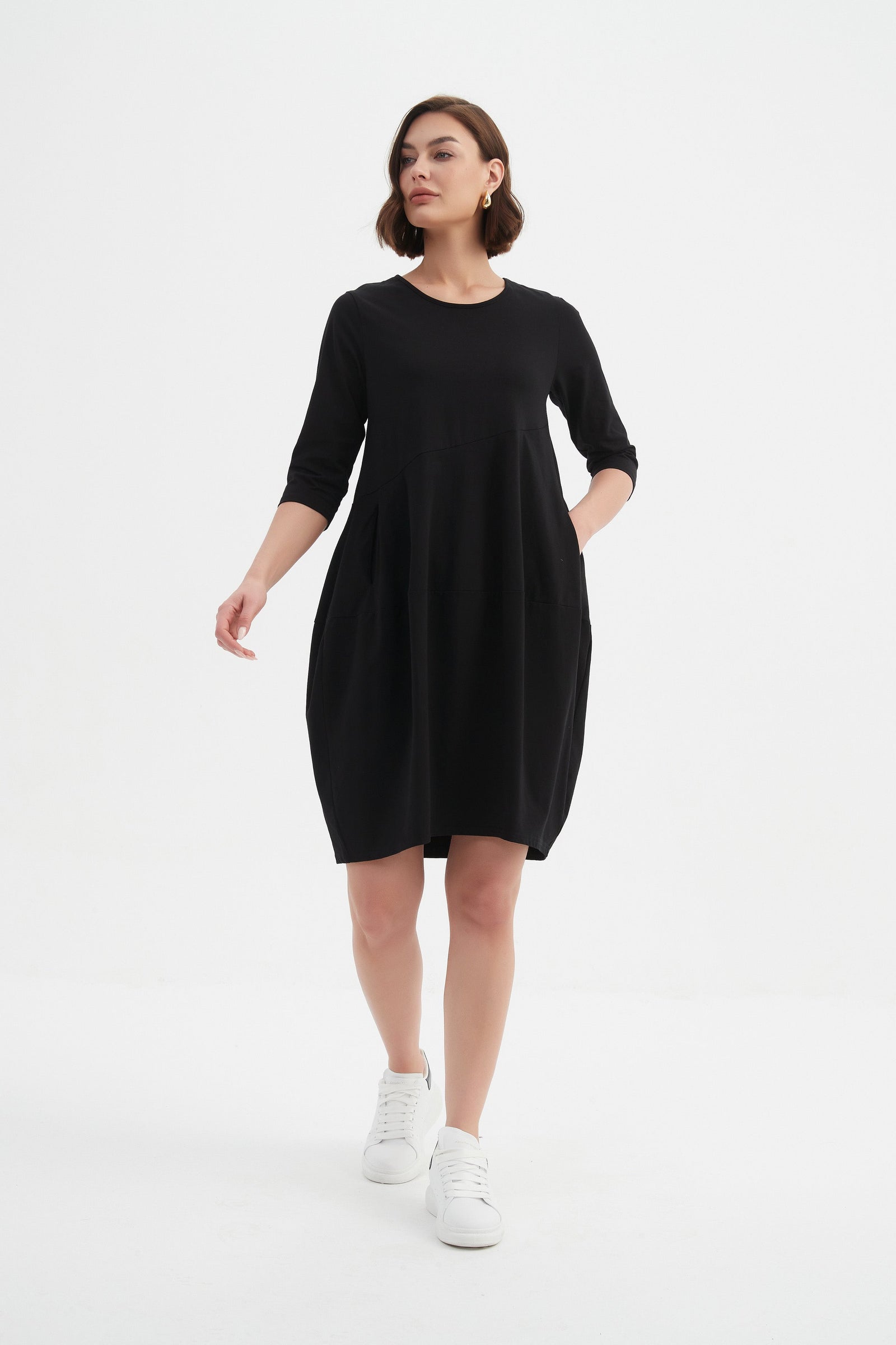 Women's Petite Diagonal Seam Cotton Winter Dress with Pockets 2