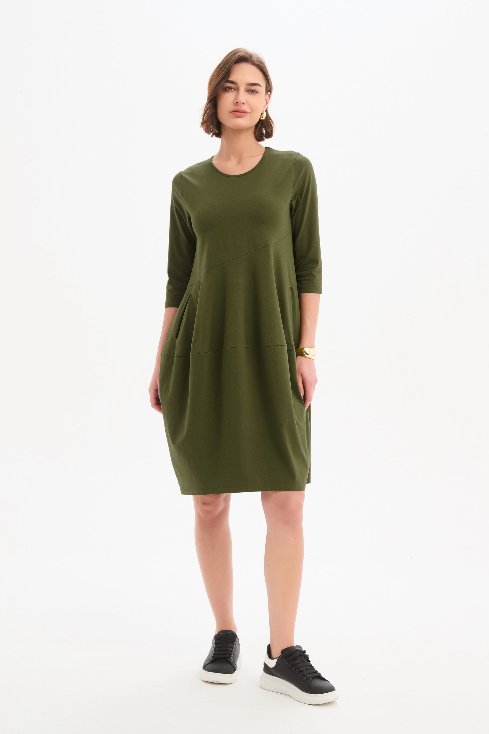 Women's Petite Diagonal Seam Cotton Winter Dress with Pockets