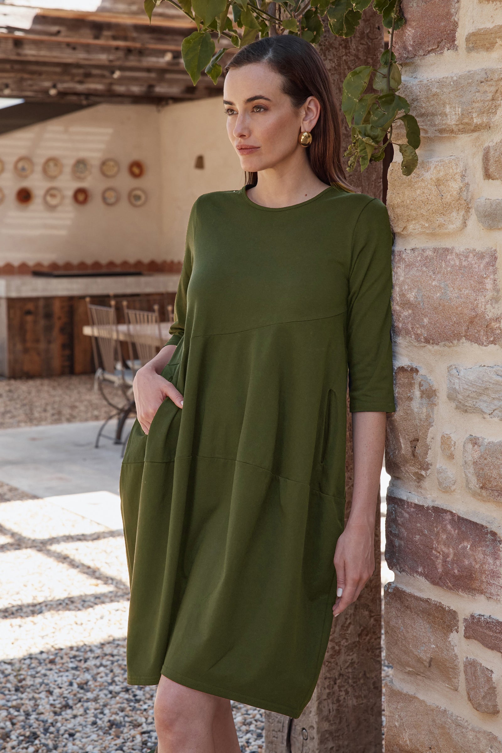 Women's Petite Diagonal Seam Cotton Winter Dress with Pockets