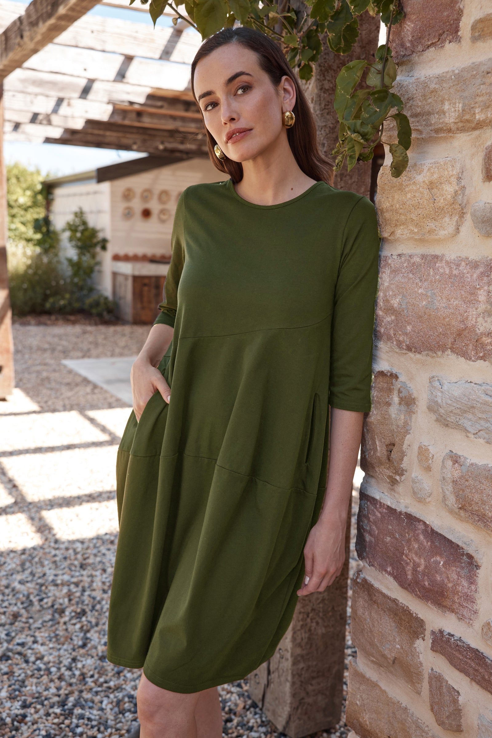 Women's Petite Diagonal Seam Cotton Winter Dress with Pockets