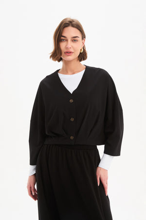 Women’s Black Cardigan, V-Neck, Cropped with Pleat Hem 3