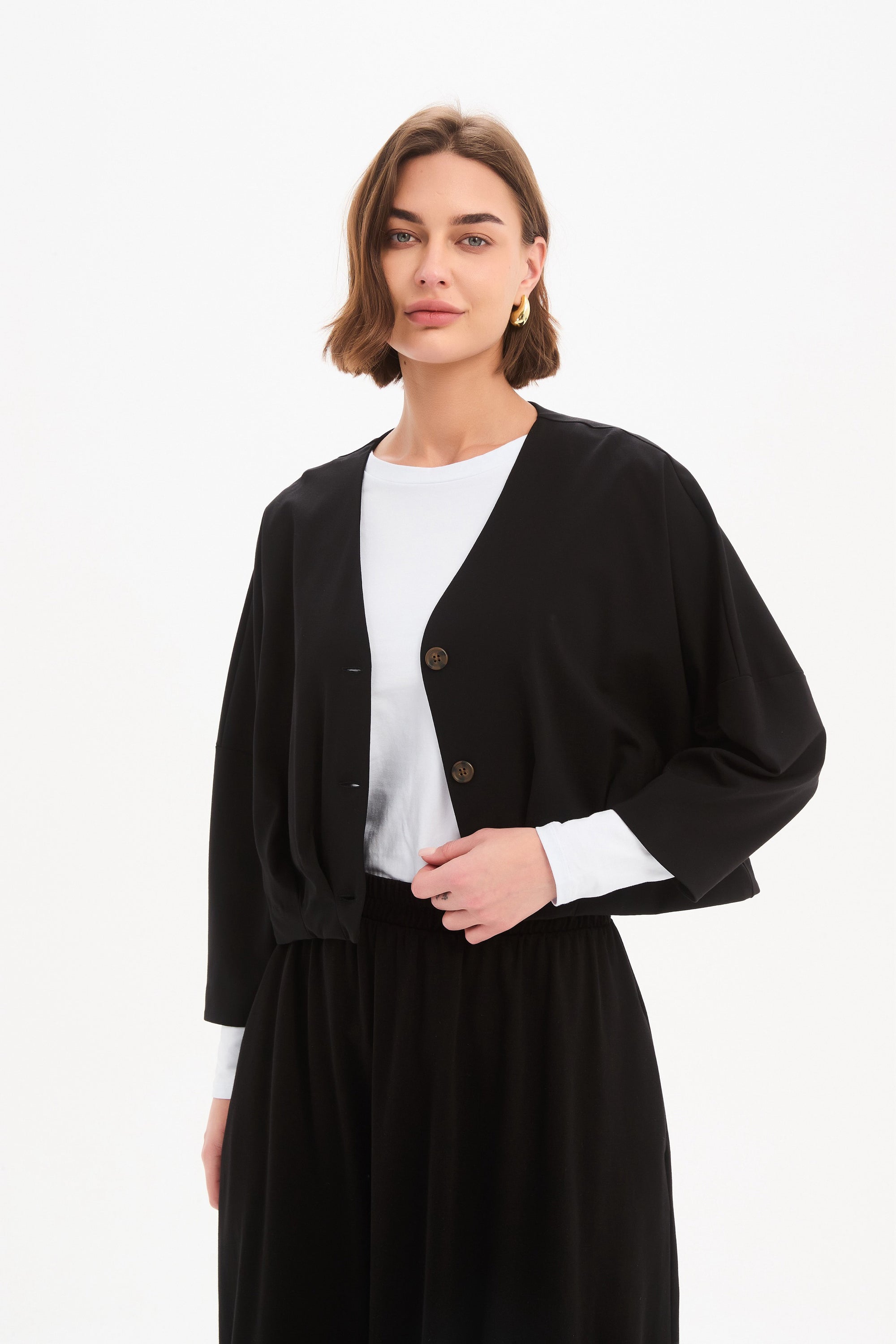 Women's Black Cardigan, V-Neck, Cropped with Pleat Hem - TIRELLI