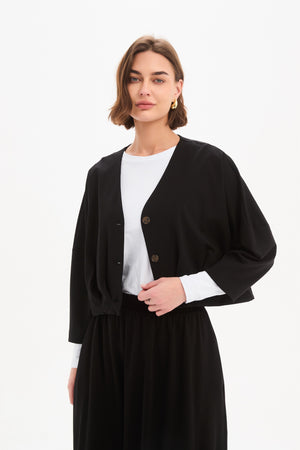 Women’s Black Cardigan, V-Neck, Cropped with Pleat Hem 2