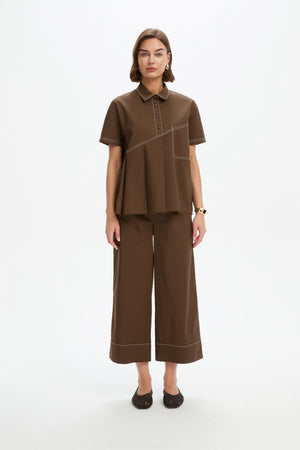 PLEATED CONTRAST SHIRT chocolate full front