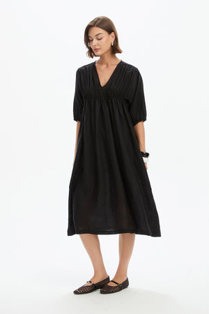 PUFF SLEEVE GATHER FRONT DRESS