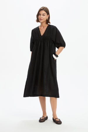 PUFF SLEEVE GATHER FRONT DRESS