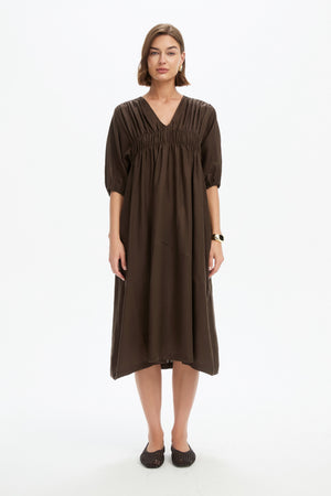 PUFF SLEEVE GATHER FRONT DRESS