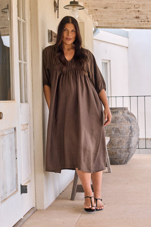 PUFF SLEEVE GATHER FRONT DRESS