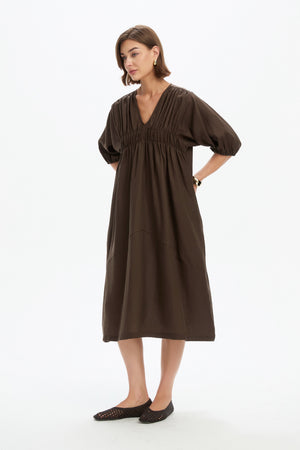 PUFF SLEEVE GATHER FRONT DRESS