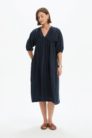 PUFF SLEEVE GATHER FRONT DRESS