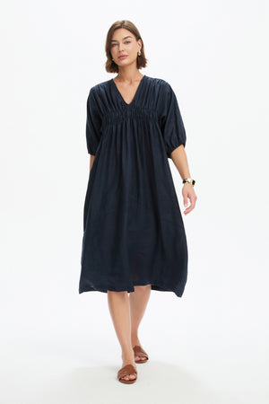 PUFF SLEEVE GATHER FRONT DRESS