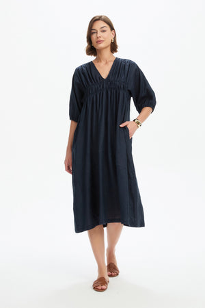 PUFF SLEEVE GATHER FRONT DRESS