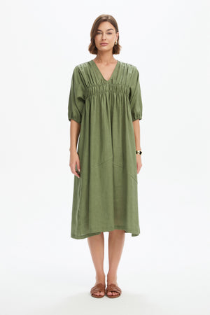 PUFF SLEEVE GATHER FRONT DRESS