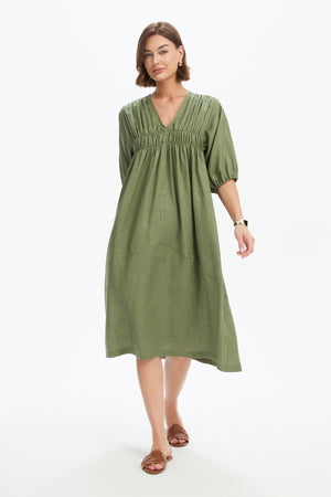 PUFF SLEEVE GATHER FRONT DRESS