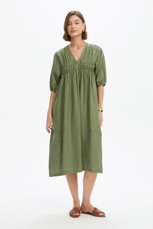 PUFF SLEEVE GATHER FRONT DRESS