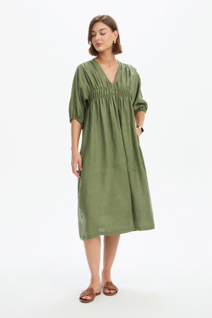PUFF SLEEVE GATHER FRONT DRESS