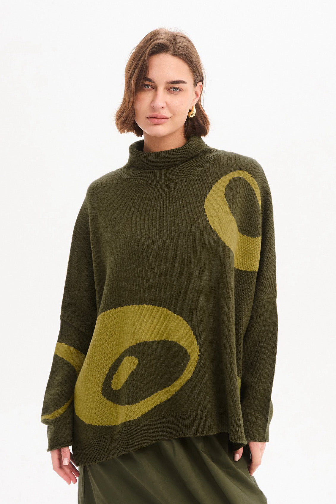 RETRO CIRCLE PRINT KNIT Sweater Khaki & chartreuse