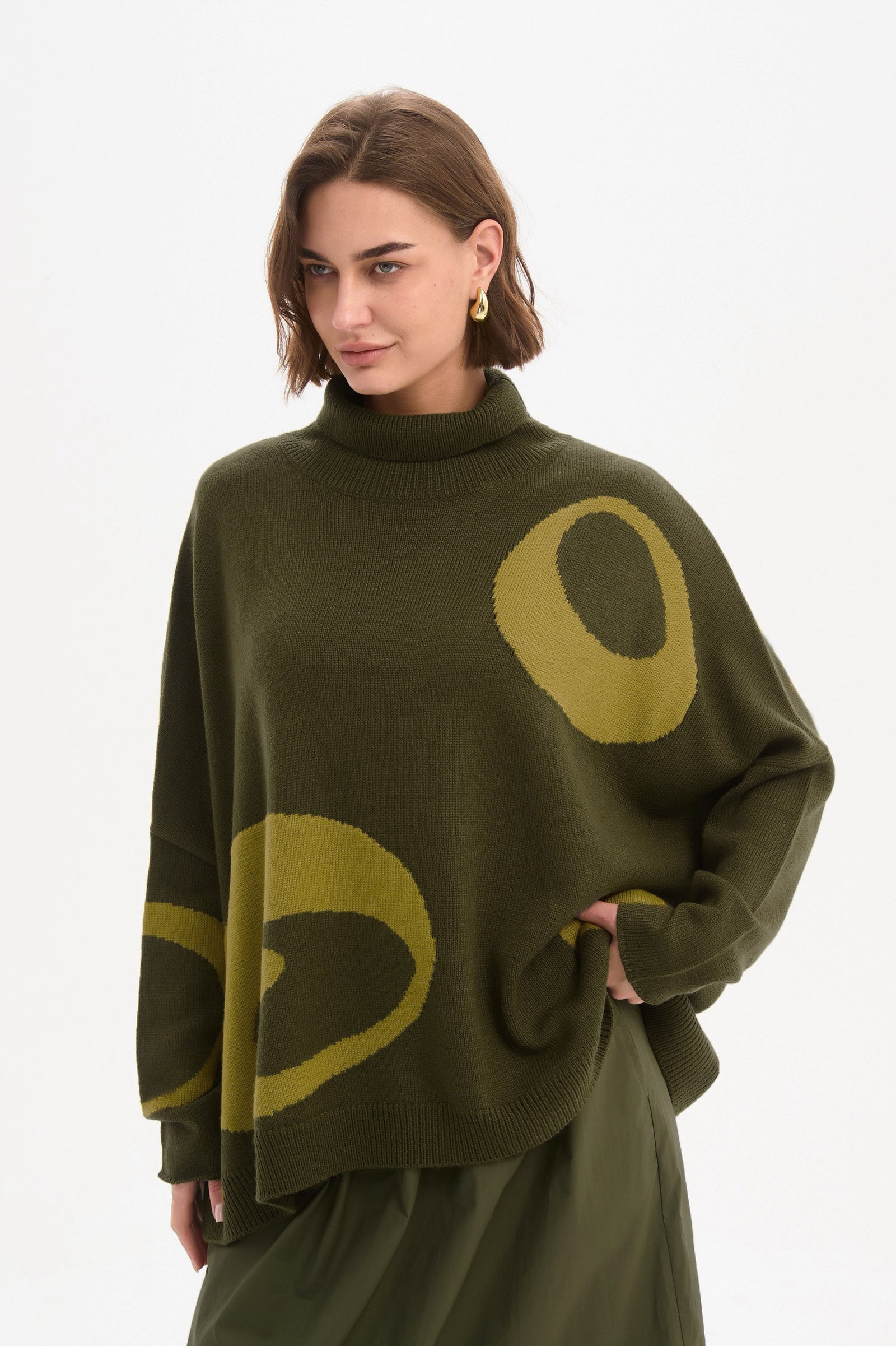 RETRO CIRCLE PRINT KNIT Sweater Khaki & chartreuse