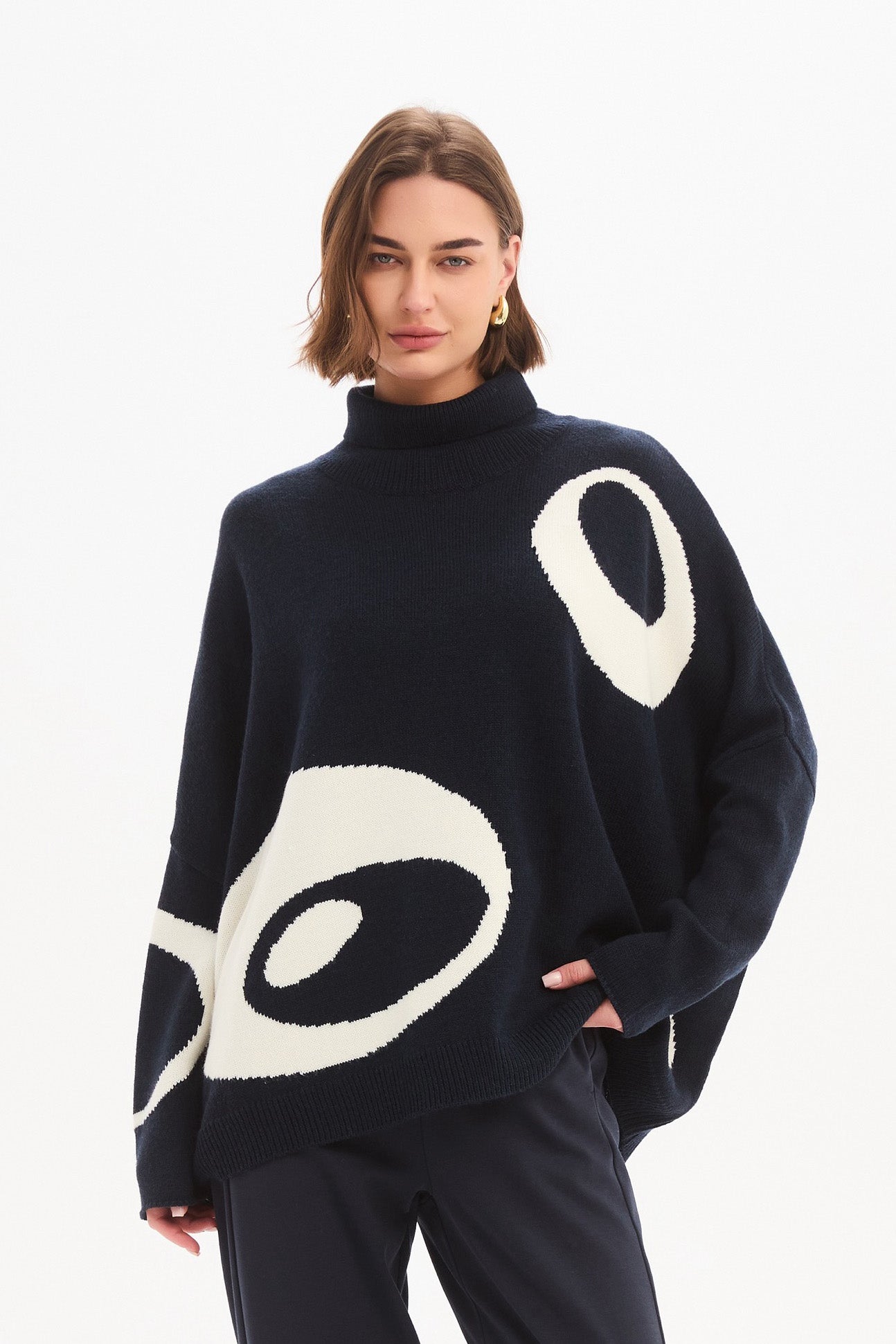 RETRO CIRCLE PRINT KNIT Sweater navy & cream