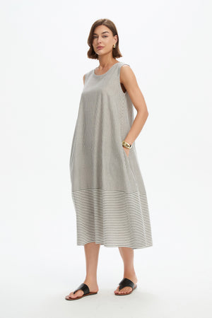 SLEEVELESS TIE BELT STRIPE DRESS