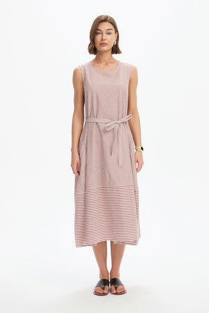 SLEEVELESS TIE BELT STRIPE DRESS