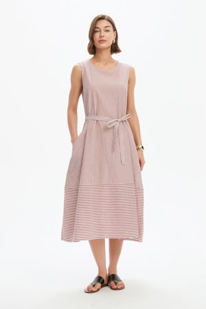 SLEEVELESS TIE BELT STRIPE DRESS