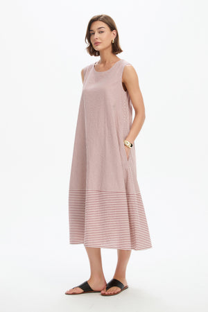 SLEEVELESS TIE BELT STRIPE DRESS