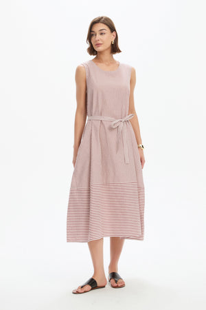 SLEEVELESS TIE BELT STRIPE DRESS