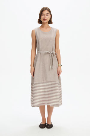 SLEEVELESS TIE BELT STRIPE DRESS